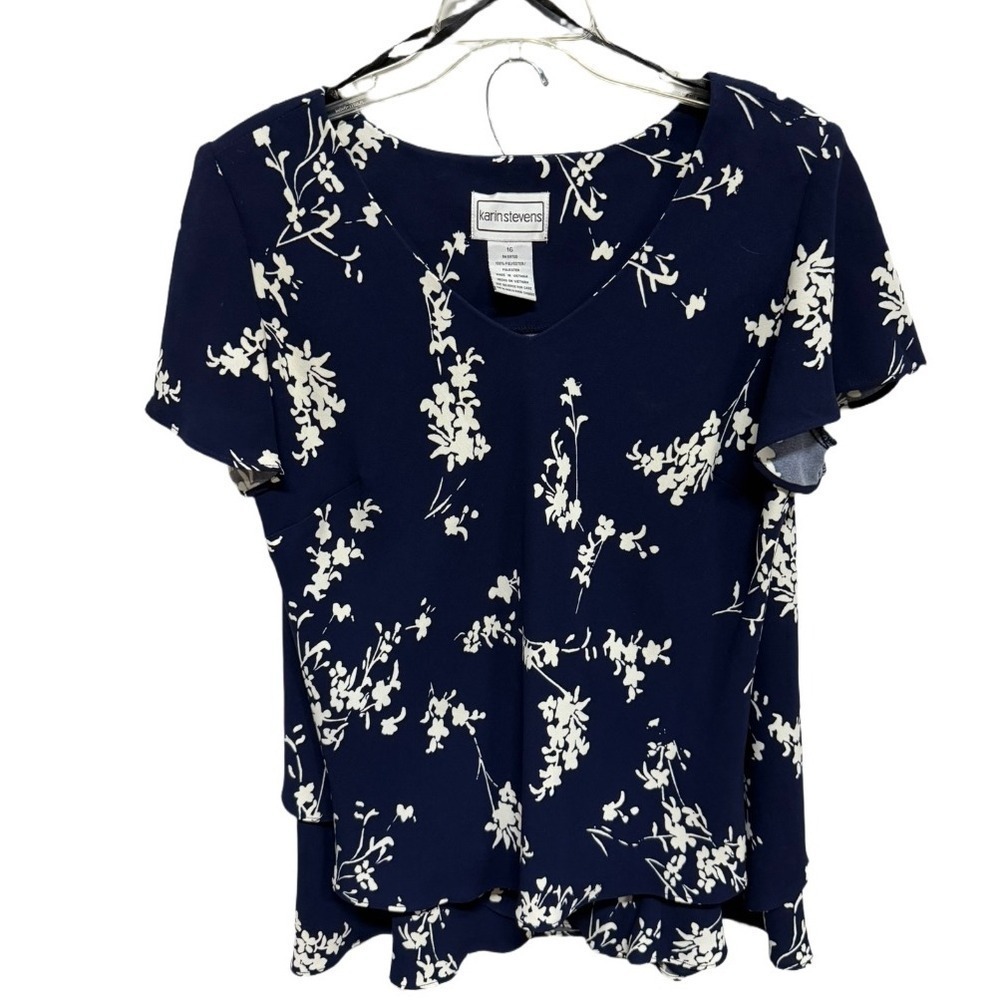 Karin Stevens Navy and White Vintage Floral 2 Piece Dress Top and Skirt Size 16